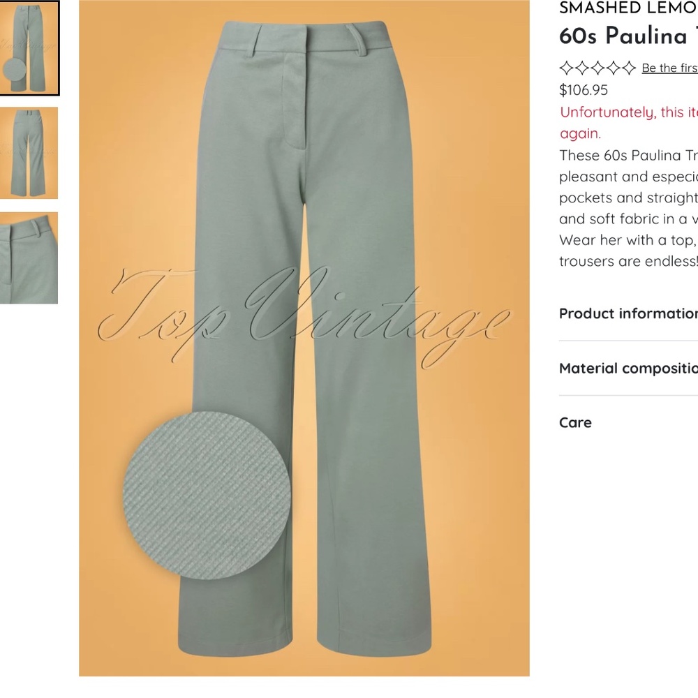 Smashed lemon 60s Paulina Trousers in Soft Green Topvintage
